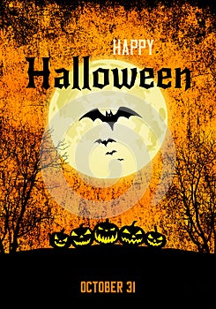 Halloween banner background with Jack-o-lantern pumpkins and full moon