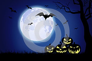 Halloween banner background with Jack o` lantern pumpkins and full moon