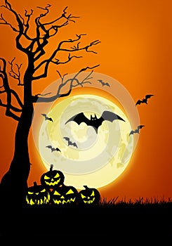 Halloween banner background with Jack o` lantern pumpkins and full moon