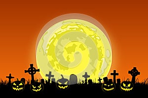 Halloween banner background with Jack-o-lantern pumpkins, tombs and full moon