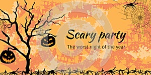 Halloween banner, black tree with pumpkins and cobwebs on an orange textured background. Vector illustration for website,