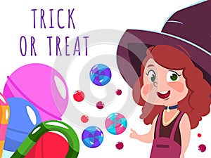 Halloween banner with cartoon character witch and sweets