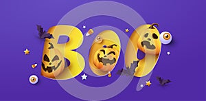 Halloween banner design with paper cut boo typography and pumpkins Festive Elements