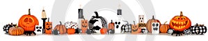 Halloween banner display of jack o lanterns, pumpkins and decor isolated on white