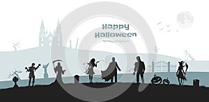 Halloween banner with fantasy silhouettes. Landscape of cemetary with mummy, witch and frankenstein. Horror panorama