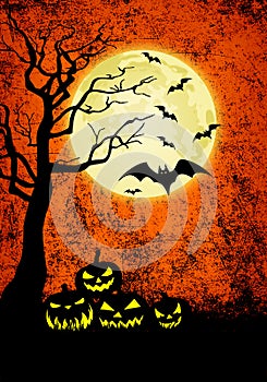 Halloween banner grunge background with Jack-o-lantern pumpkins and full moon