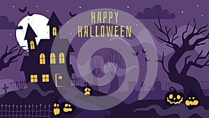 Halloween banner with haunted house. Poster with scary graveyard, full moon, spooky trees, tombstones and lantern