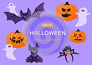 Halloween banner. Orange pumpkin with angry face, cute spooky ghost, spider and bat. Treak or treat party invitation