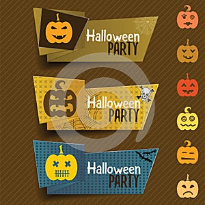 Halloween banner in origami style with pumpkin, web, bat and sku