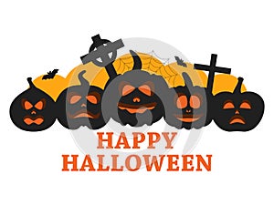 Halloween banner with pumpkins, bats and cross isolated on white background. Jack-o lantern for flyers and promotional materials.