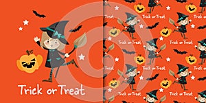 Halloween banner and seamless pattern of young witch with broom, Pumpkins lantern and Trick or treat text with bats and stars on