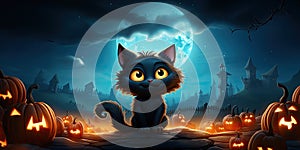 Halloween banner template, cute black cartoon witch cat, night background