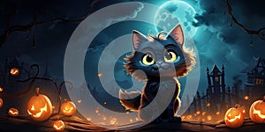 Halloween banner template, cute black cartoon witch cat, night background