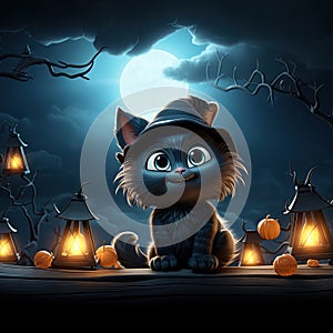 Halloween banner template, cute black cartoon witch cat, night background