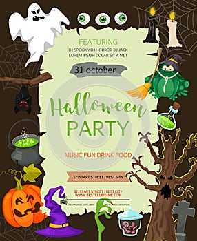 Halloween banner template. Place for your text. Vector illustration with pumpkin, ghost, candy in flat style.