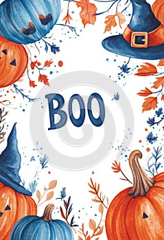Halloween banner template with pumpkins and autumn leaves in watercolor frame and transparent copy space. Vertical photo