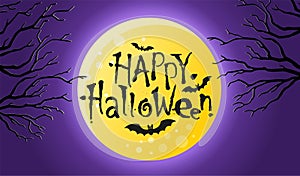 Halloween banner with text message. Full moon on a background of dark sky and silhouettes of trees