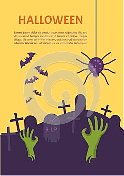 Halloween Banner. Tomb Stone Zombie Hand From Ground.