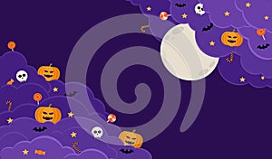 Halloween banner vector illustration, dark night sky witch purple clouds, full moon, pumpkin, spooky skull, sweet candy and star