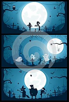 Halloween banners with big full moon Moon background, illustration.