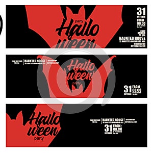 Halloween Banners with the bloody red bats characters and custom lettering halloween test on the black background. Night autumn