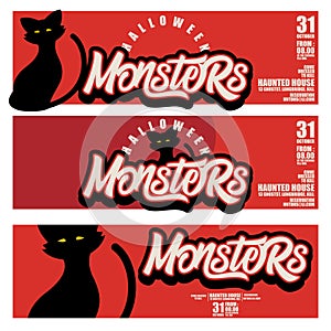 Halloween Banners with the characters silhouette scary cat and custom monsters typography on the background. Night autumn