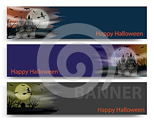 Halloween banners collection with gothic castle, flying young witch, bats and full moon. Vector