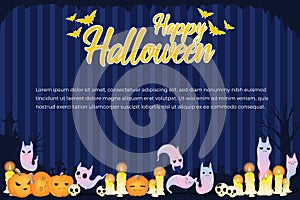 Halloween banners with cute ghost, skull, candle and pumpkins