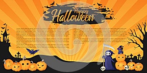 Halloween banners with grim reaper, pumpkins and silhouette landscapes in cartoons style