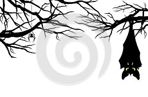 Halloween bat hanging among tree branches vector