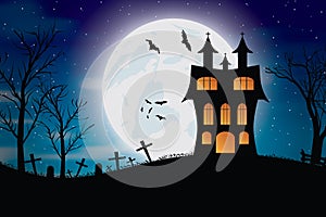 Halloween bats and dark castle on blue Moon background.