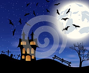 Halloween bats and dark castle on blue Moon background.