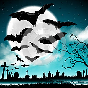 Halloween with bats flying over the moon