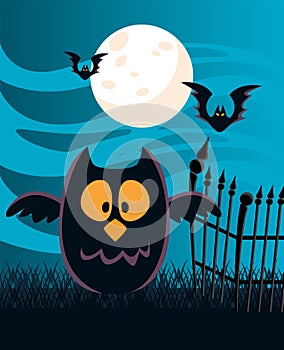 Halloween bats flying with owl at night scene