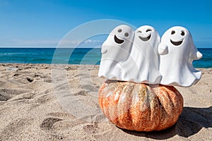 Halloween beach background with pumpkins
