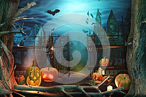 Halloween beautiful background. Spooky castle with pumpkins in the forest.