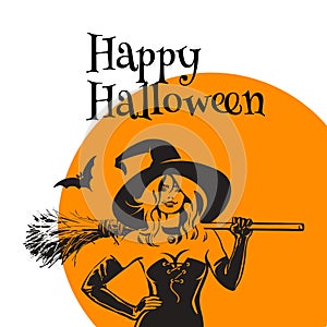 Halloween beautiful sexy witch holding broomstick n orange Moon background. Happy Halloween text. Hand drawn vector illustration