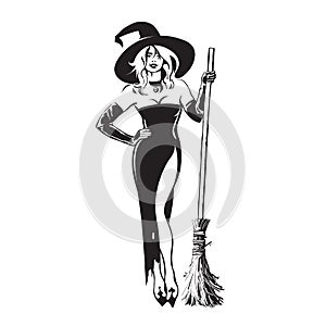 Halloween beautiful sexy witch holding broomstick in sketch style. Pretty young woman in witches hat and black dress