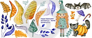 Halloween big set. Redhead young witch.Candy, black cat, mushroom, bat and fantasy colorful leaves, branches.