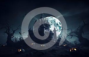 Halloween black castle in full moon night scene. AI Generative