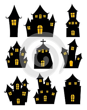 Halloween black castle isolated on white background. Haunted house cartoon silhouette