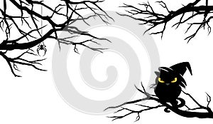 Halloween black cat on bare tree branches vector design