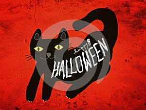 Halloween black cat on dark red grunge background illustration