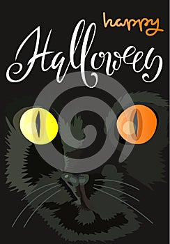 Halloween black cat with colored eyes. Halloween handwritten lettering. Vector illustration. EPS10