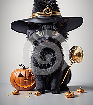 Halloween black cat with hat, stick and pumpkin