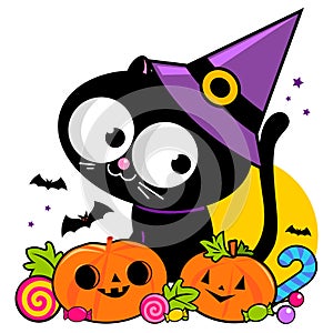 Halloween cat, pumpkins and treats. Vector illustration