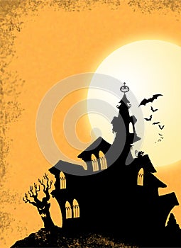 Halloween Black Haunted House Silhouette on Hill with Bats and Night Moon