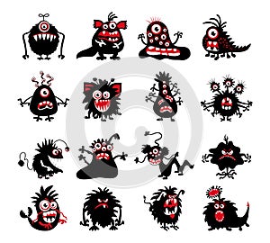 Halloween black monster silhouettes. Bacteria and beast, alien devil, ghosts or demon vector illustration