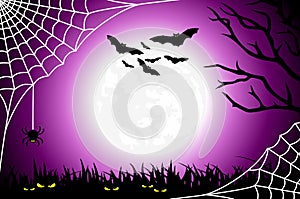 Halloween black and purple illustration with bright full moon, white cobweb with spider, flying bats, tree branches, evil eyes