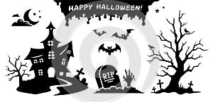 Halloween black silhouettes of decorations in vector set